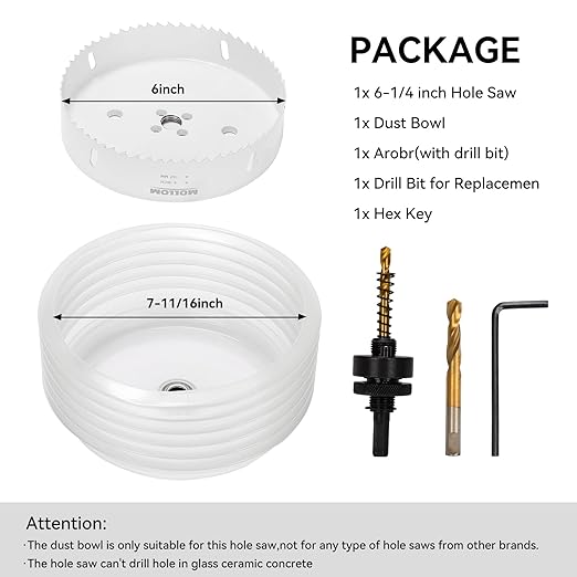 Mollom (6" | 152mm) HSS M42 8% Cobalt BI-Metal Hole Saw with Dust Bowl for Recessed Lights Can Lights,2 Pilot Drill Bits&Mandrel Cutting for PVC,Drywall,Wood,Plastic,Gypsum Board,Metal