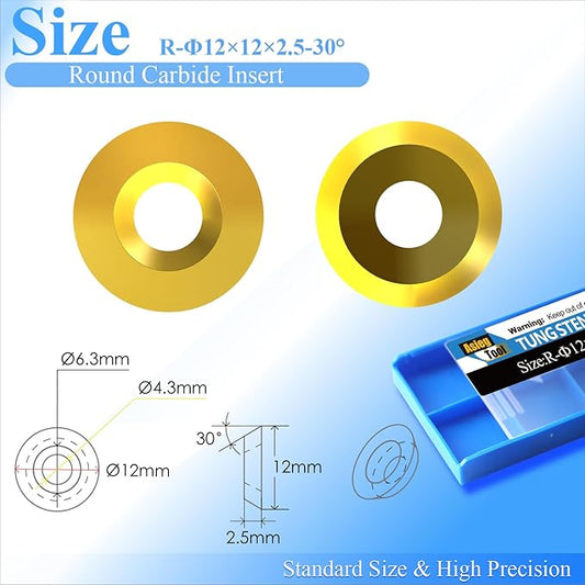Asieg Tool Ci3 R1 TIN 12mm Round Carbide Inserts Cutters Knifes Titanium plating Indexable Replacement High Strength Fits For Popular DIY Woodworking Lathe Wood Turning Finisher Hollower Tools 10pc