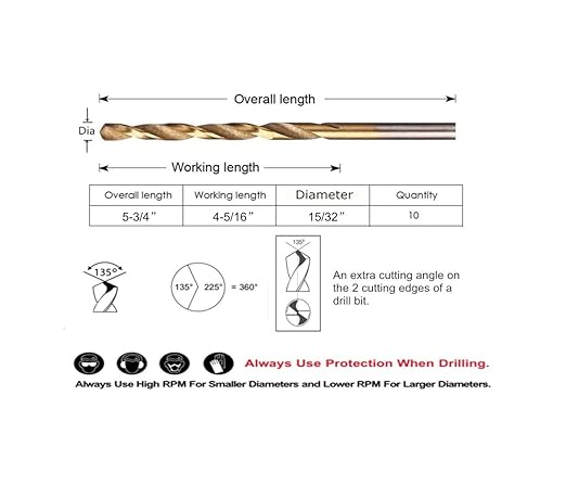 10PCS, 15/32", Titanium Coated Twist Drill Bits