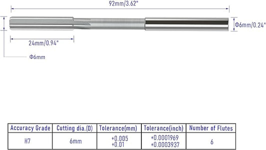 Chucking Reamer 6mm, H7 HSS Cobalt M35 Lathe Machine Reamer Metric, 6 Straight Flutes, Round Straight Shank Milling Cutting Tool, for Stainless Steel Alloy Copper Metal