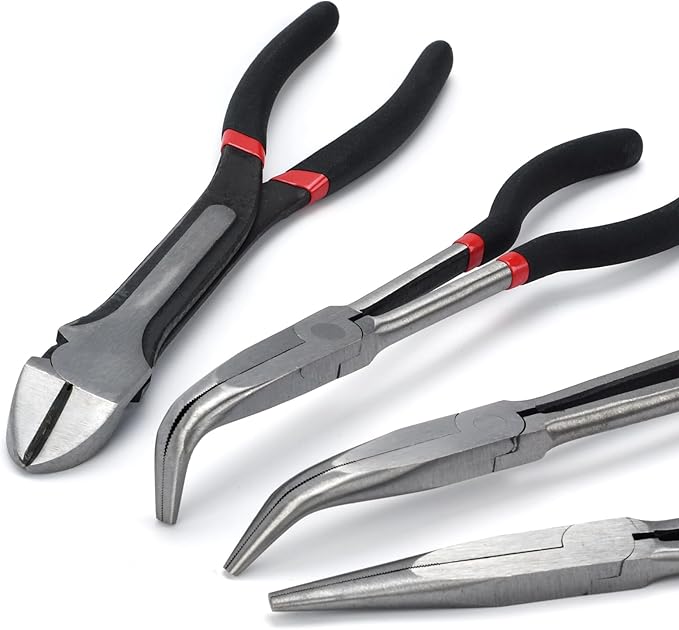 4-Piece 11" Extra Long Needle Nose Pliers Set with Insulated Comfort Grip, Straight Long Reach, 45/90째Bent Nose & Diagonal Pliers for Bending, Shaping & Trimming in Narrow Spaces