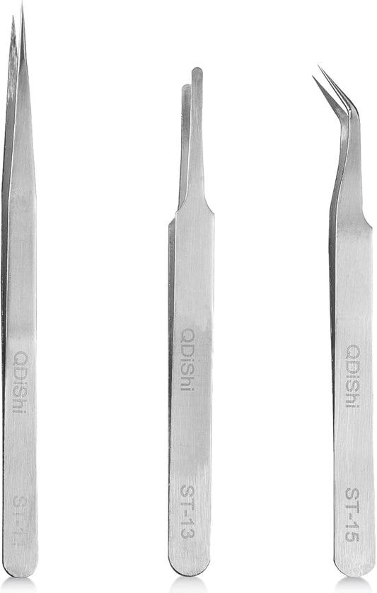 QDiShi Precision Tweezers Set,Upgraded Stainless Steel of Tweezers - Extra Fine,Angled,Blunt Tips for Electronics,Hobby, Industrial,Laboratory Work,Jewelry-Making,Model,Craft(3Pcs)