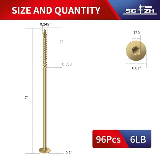 #14 x 7 Inch Outdoor Structural Wood Deck Screws (96Pcs/6lb), Carbon Steel, Tan, Flat Head, Rust Resistant Epoxy Coated, T30 Star Bit