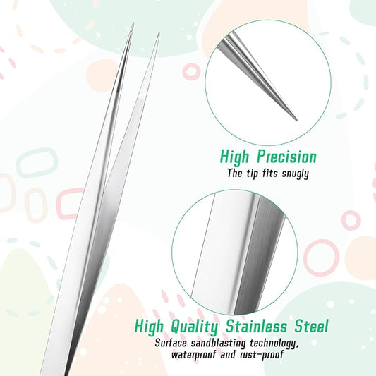 4PCS Precision Tweezers Set, Professional Pointed Long Bent Stainless Steel Tweezers for Craft, Soldering, Model, Jewelry Tools