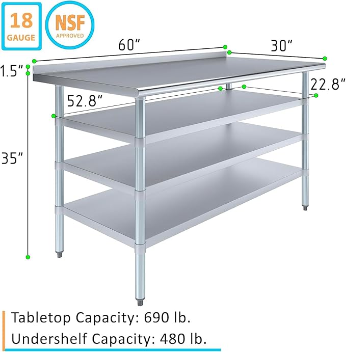 Stainless Steel Work Table with 1.5" Backsplash and 3 Shelves | Metal Kitchen Food Prep Table | NSF Certified (60" Long x 30" Deep)