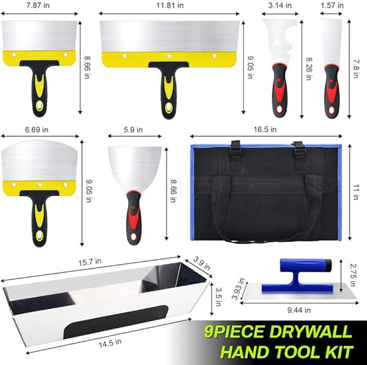 Drywall Knife Set, 9 Pieces Stainless Steel Drywall Hand Tool Kit Includes Taping Knife, Putty Knives, Finishing Trowel, Paint Scraper, 14in Stainless Steel Mud Pan, Blue handbag