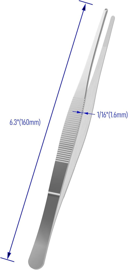 6.3 Inch Stainless Steel Tweezers, with Straight Round Blunt Serrated Tip, 1/16 Inch Thickness Stainless Steel, Multipurpose Daily Garden Home Lab Craft Repairing Tool