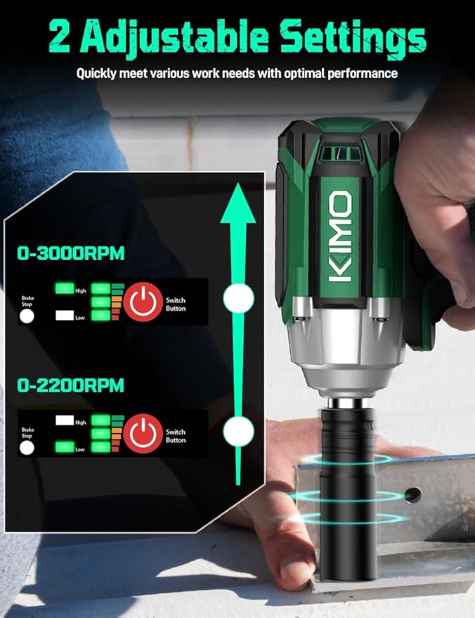 KIMO Impact Wrench 1/2 Cordless, 3000RPM, 9-Piece Drill & Driver Set, 4 Sockets, 406ft-lbs (550N.m) Impact Drill for Car Tires, Safety Lock, 4000mAh Battery, Variable Modes Power Smart Impact Wrench