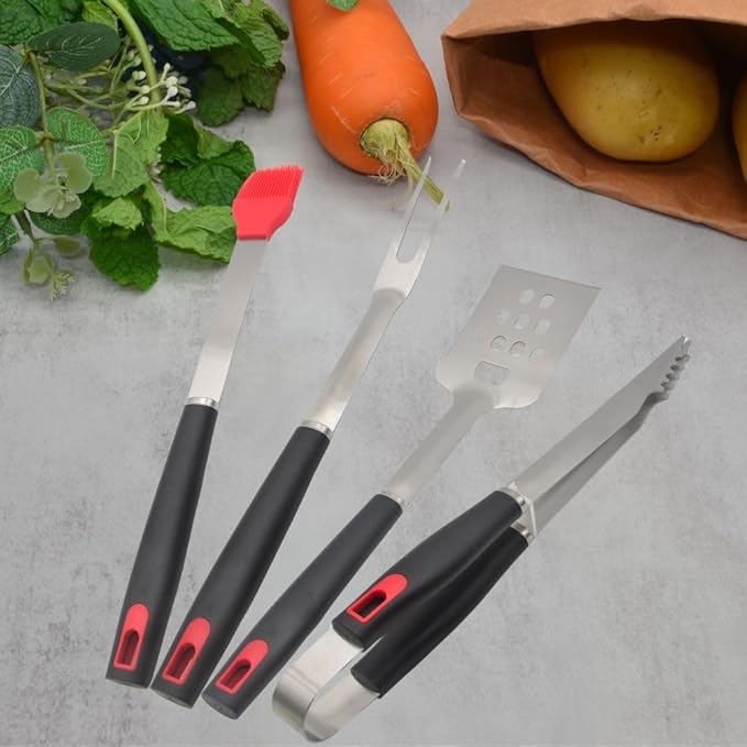 Stainless Stell BBQ Accessories Tool Set with Serrated Edged Spatula?갌ork Brush and Tongs Backyard Outdoor Cooking and Teppanyaki Barbecue Tools Accessories 4-Piece Home Barbecue Set