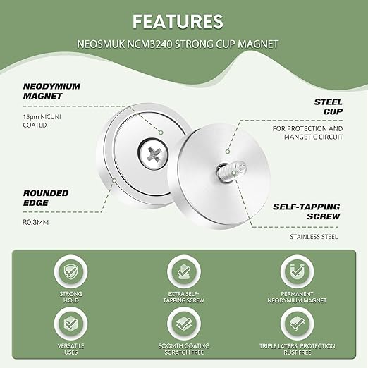 Neosmuk Magnets with Screws,130lbs+ Heavy Duty Rare Earth Neodymium Mounting Magnets with Holes, Countersunk Round Disc Industrial Magnets for Wall Mounting, 4 Pack