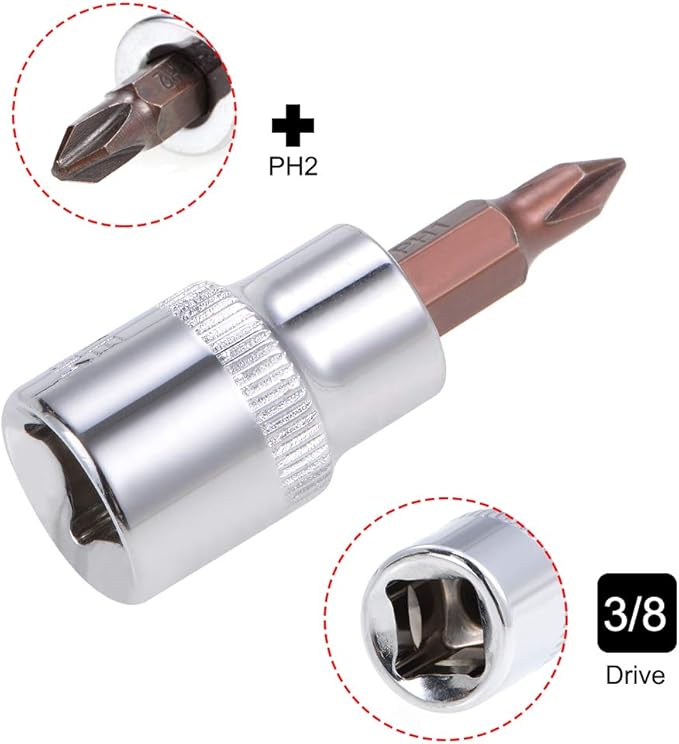 uxcell 3/8" Drive x PH2 Phillips Bit Socket, S2 Steel Bits, CR-V Sockets 48mm Length (For Hand Use Only) 3pcs