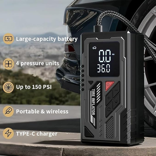 Portable Tire Inflator, 150PSI Cordless Air Compressor with Digital Pressure Gauge and LED Light for Cars, Motorcycles, Bicycles, and Balls. (YYA-001)