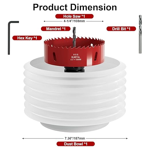 4-1/4" (108mm) Bi-Metal M42 High Speed Steel Hole Saw with Dust Bowl and Pilot Drill Bit, Smooth Cutting Edge for PVC, Drywall, Wood, Plastic, Gypsum Board, Rubber, Thin Metal