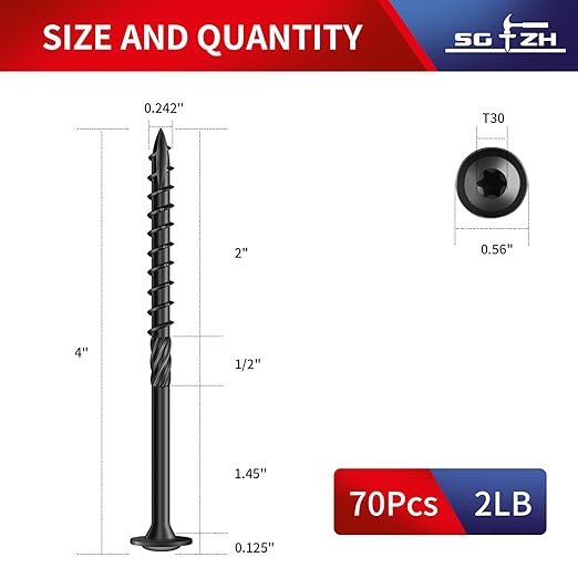 #14 x 4 Inch Lag Screws (70Pcs) 2lb. Structural Wood Screw, Black, Carbon Steel, Washer Head, Rust Resistant epoxy Coated, T30 Star Bit