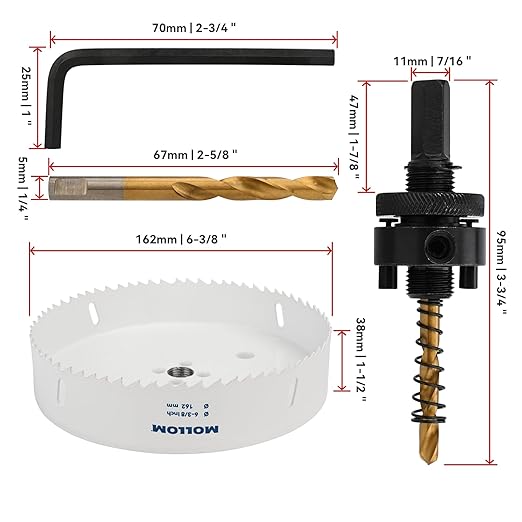Mollom (162mm | 6-3/8") HSS M42 with 8% Cobalt BI-Metal Hole Saw with 2 Pilot Drill Bits & Arbor Smooth Cutting for PVC,Drywall,Wood,Plastic,Gypsum Board,Rubber