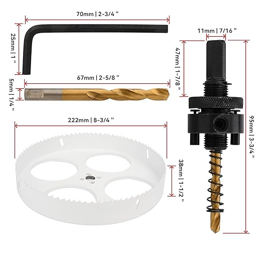 Mollom (222mm | 8-3/4") HSS M42 with 8% Cobalt BI-Metal Hole Saw with 2 Pilot Drill Bits & Arbor Smooth Cutting for PVC,Drywall,Wood,Plastic,Gypsum Board,Rubber
