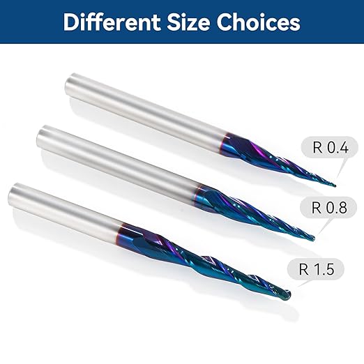 CNC Router Bits Spiral Tapered Ball-Mill 2D & 3D Carving Bits, 2.4 Deg Tapered Angle Ball Tip R1.5, 1/4" Shank 3" OVL for Wood Carving Engraving
