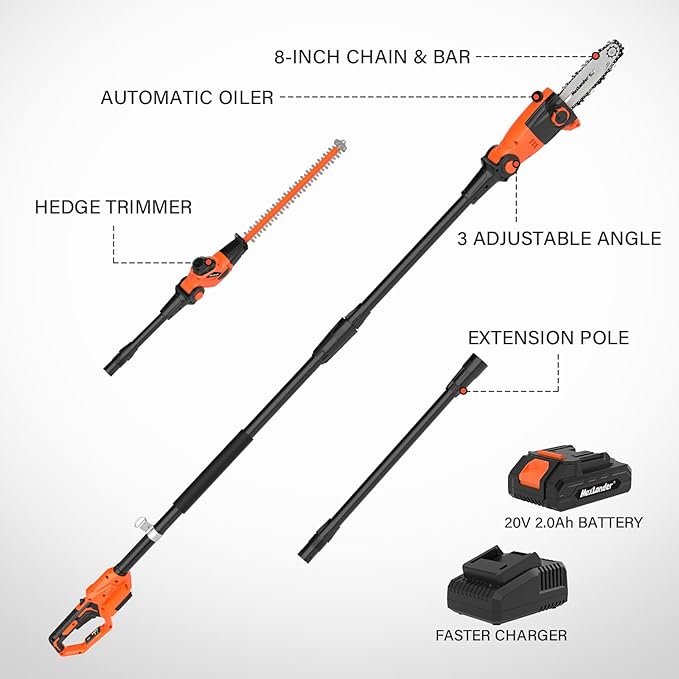 8 Inch Pole Saw and 18 Inch Pole Hedge Trimmer, 2-in-1 Cordless Pole Saws for Tree Trimming, 15-Feet MAX Reach, 16ft/s Speed, 20V Pole Chainsaw with 2.0Ah Battery & Charger