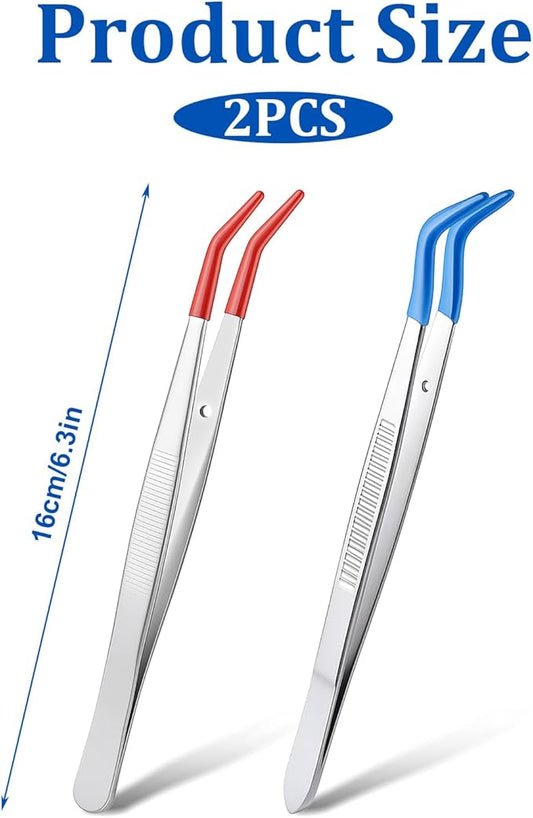 2 Pcs Long Tweezers for Crafts, Rubber Tipped Tweezers Portable Stainless Steel Jewelry Tweezer Long Curve Sewing Tweezer for Making DIY Crafts Stamps Electronic Products, Blue & Red