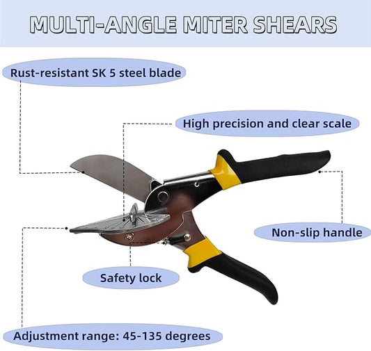 Miter Shears, 45°–135° Adjustable Multi-Angle Trim Cutter for Molding, Shoe Molding & Quarter Round, Handheld Angular Scissors for Wood, Plastic, PVC, Rubber & Vinyl(Black and orange handle)