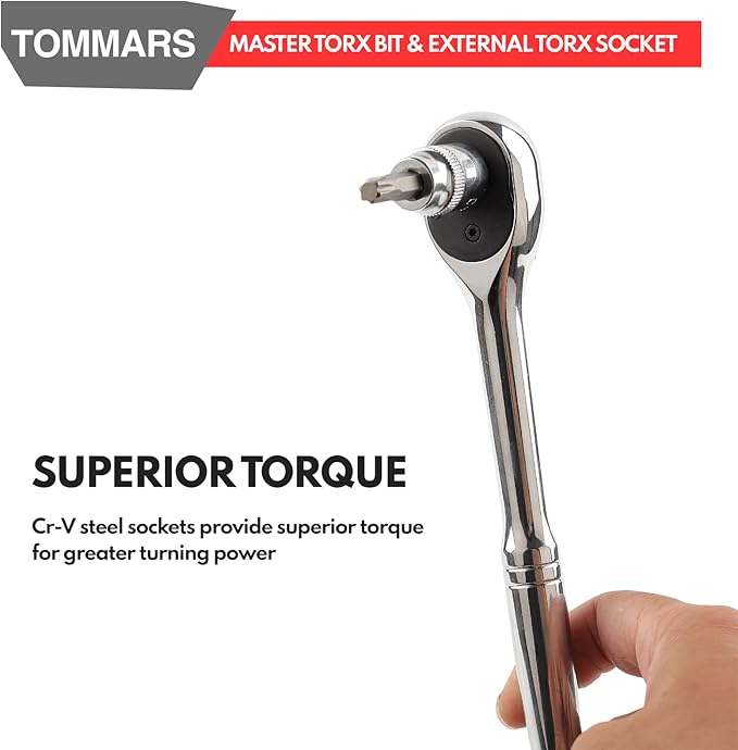 TOMMARS 60-Pc Master Torx Bit Socket and External Socket Set 1/4", 3/8", 1/2" Drive, S2 Steel Bits, CRV Sockets E4-E24, T6-T70,TT6-TT70,TP8-TP60