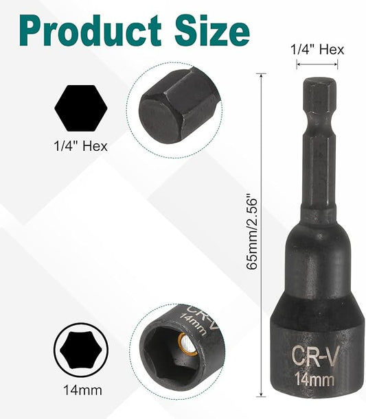 uxcell 2Pcs 1/4" Hex Shank 14mm Magnetic Hex Socket 65mm Length, CR-V Steel Quick-Release Impact Driver Socket Wrench Screw for Impact Drill Power Nut Setter