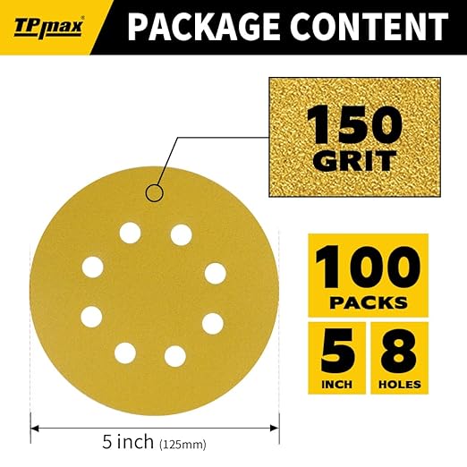 100PCS 5 Inch 150 Grit 125mm 8 Hole Sanding Discs Sandpaper - Premium Gold Round Hook and Loop for Random Orbital Sander - Ideal for Wood, Metal, Automotive