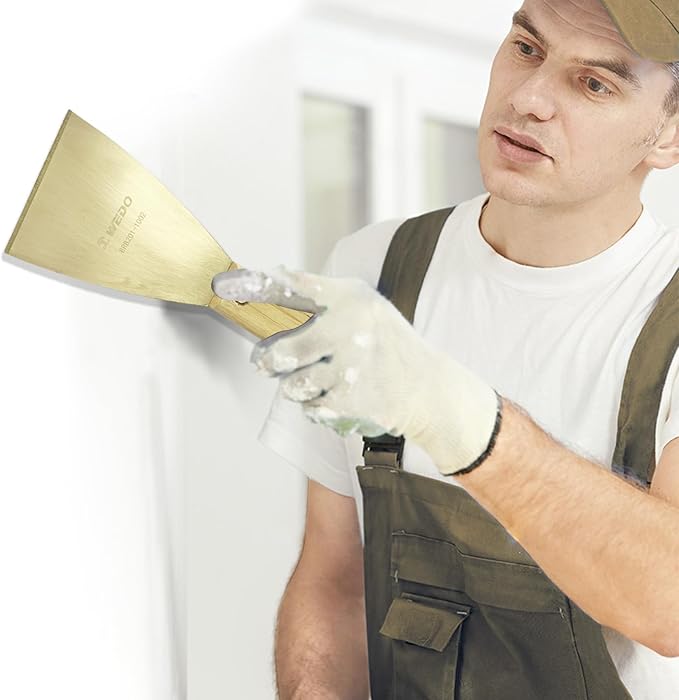 WEDO Brass Putty Knife,3" Paint Scraper,Length 12",Safety Scraper Tool,Spackle Knife,Long Wood Handle,Brass Material,Taping Knife Tool for Repairing Drywall, Removing Wallpaper, Applying Putty