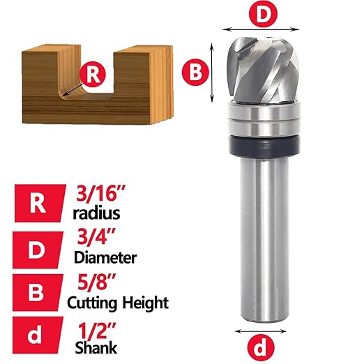Bowl & Tray Pattern Flush Trim Router Bit 1/2 Shank, 3-Flute, 3/16" Radius, 3/4" Dia, 5/8" Height, Carbide Head Round Nose Cove Juice Groove Router Bit, for Making Wood Bowls/Trimming
