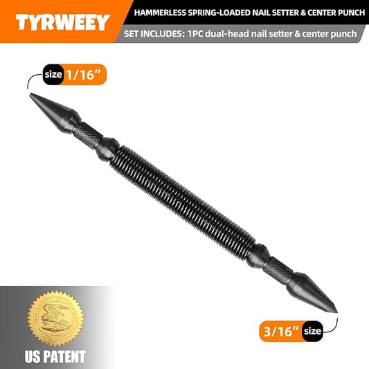 1-Piece Nail Setter Dual Head Nail Set Pin Punch & Center Punch, Dual Head Center Punch, Spring Loaded Center Hole Punch, Hand Tool for Metal or Wood, Nail Tool Features 1/16-in, 3/16-in