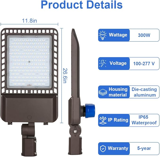 Juyace 300W LED Parking Lot Light with Slip Fitter Mount Pole Flood 5000K IP65 Waterproof Commercial Street Dusk to Dawn Photocell Lighting 100-277V