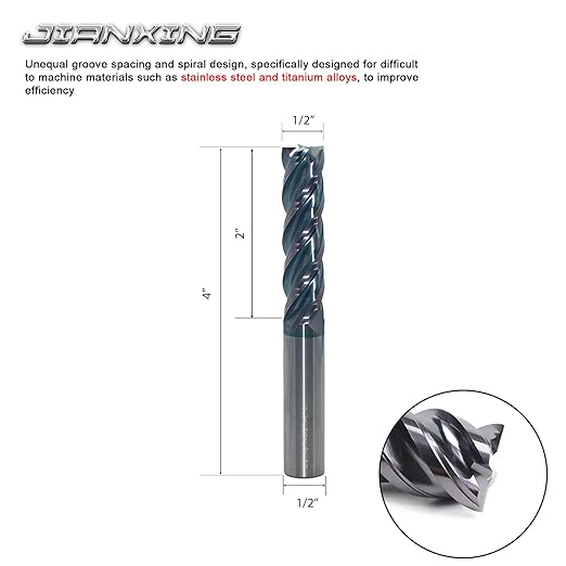 1/2" Extra Long 4-Flute Carbide Square End Mill for Stainless Steel & Titanium Alloy (TC4/TC7), AP Coating, Variable Helix, High-Performance Milling Cutter(1-Pack)