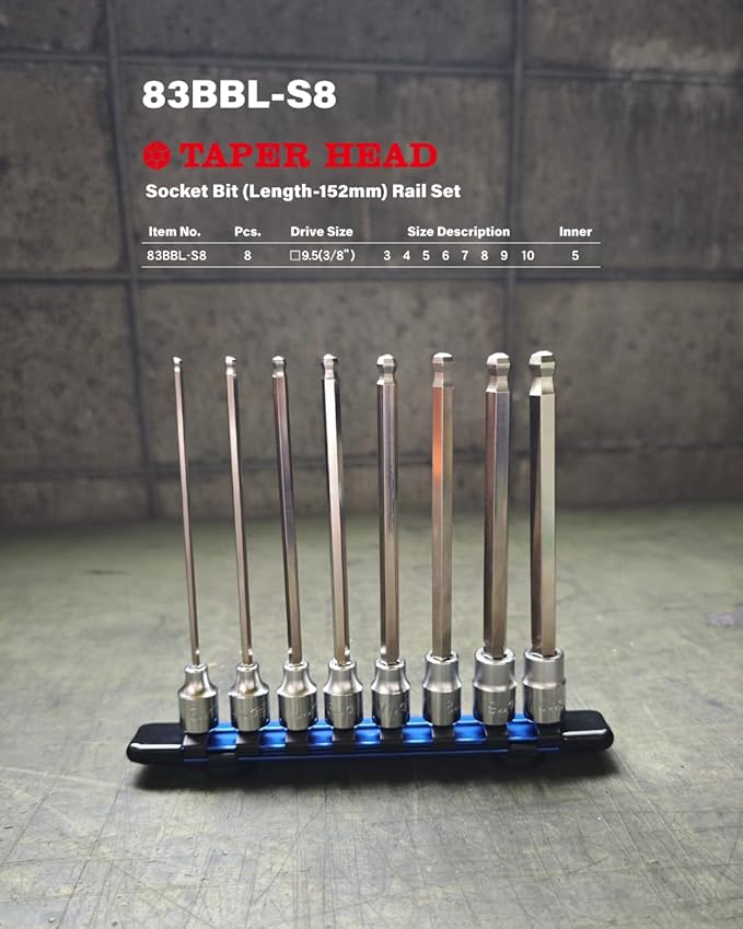 EIGHT TOOL 83BBL-S8 TAPER HEAD HEX SOCKET BIT 3/8 INCH DRIVE, 6 INCH OAL, 8 Piece SET