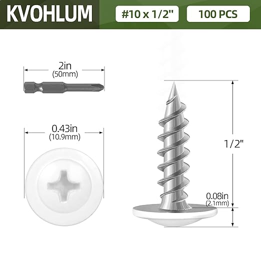 #10 x 1/2" (100 PCS) Modified Truss Head Wood Screws, Phillips Drive Quick Metal Self Tapping Screws, White Head, Full Thread, Screwdriver Bit Included