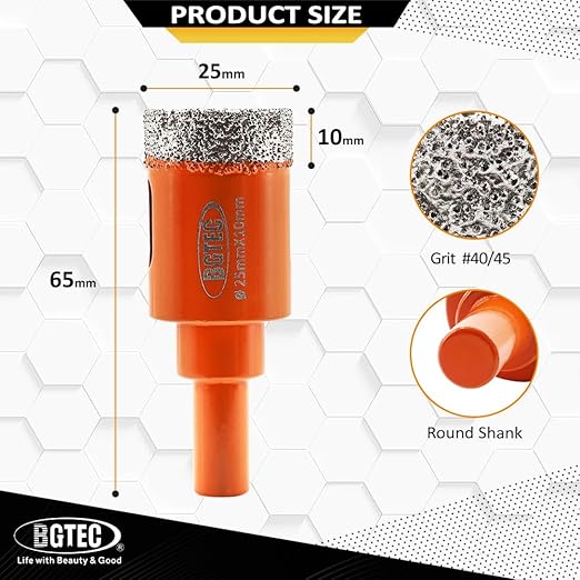 Dry Diamond Drill Bit - BGTEC 2pcs 1" 25mm Hole Saw for Granite,Marble,Masonry, Concrete, Tile/Ceramic, Glass, Hard Plastic,Vacuum Brazed Diamond Core Drill Bit Kit