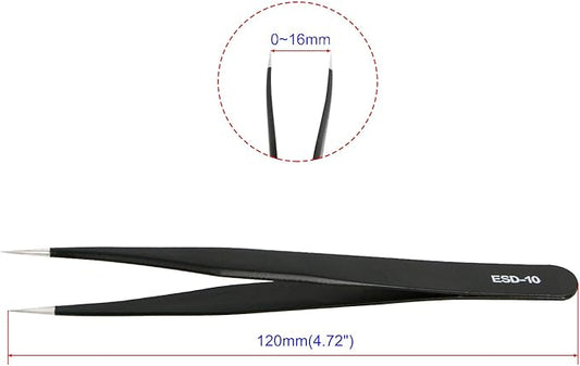 Aoje-Link ESD-10 Professional Anti-Static Precision Technology Tweezers, Non-magnetic Straight Pointed Tip, Stainless Steel Plastic Coated, Full Length 120mm, Black, 5pcs