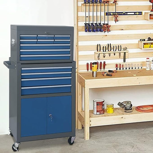 13-Drawer Tool Chest with Double Door and Wheels, Large Detachable Tool Box with Sliding Drawers, Mechanic Toolbox Storage Cabinets, Metal Tool Cart for Garage Workshop (Blue&Grey)