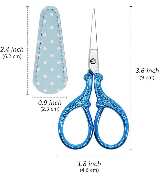 Small Thread Scissors 3.6Inch Stainless Steel Classic Scissors with Leather Cover Sewing Scissor DIY Tools Small Shear for Needlework DIY Craft Thread Cutting Artwork Cross Stitch