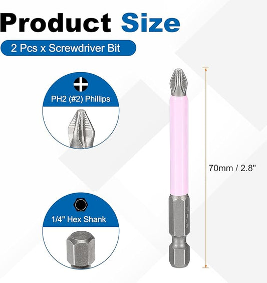 HARFINGTON 2pcs #2 Phillips Impact Screwdriver Bit PH2 1/4" Hex Shank 2.8" (70mm) Magnetic Anti Slip Cross Head Drill Bits K5 Steel Screw Driver Tool, Pink