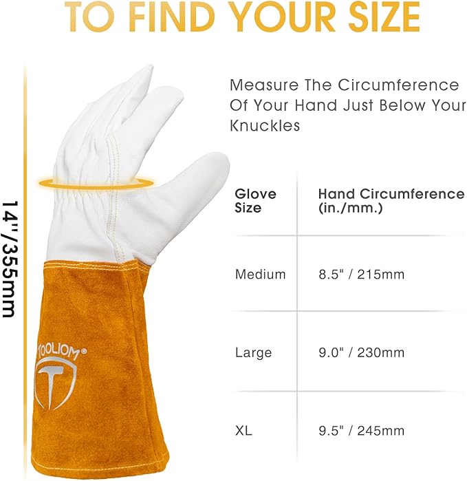 TOOLIOM Premium Goatskin TIG Welding Gloves Cuff Cowhide Split Leather with Soft Lining High-Dexterity (14-inch, Extra Large)