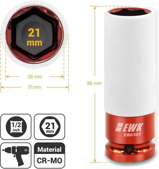 EWK 1/2" Drive 21mm Lug Nut Socket, 21mm Impact Socket, Non-Marring Protective Sleeve Prevents Damage to Custom Rims
