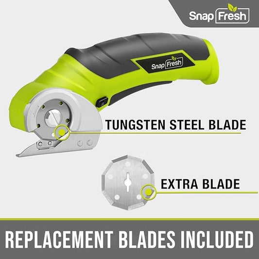 SnapFresh Cordless Electric Scissors, 4V Electric Mini Box Cutter, Carpet & Cardboard Cutter Tool with a Replacement Blade/Charger, Rotary Cutter for Cardboard Packages Leather Plastic (Green)