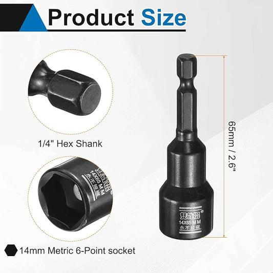 HARFINGTON 3pcs Nut Driver Drill Bit 14mm Metric Socket 1/4" Hex Shank 2.6" (65mm) Long Magnetic 6-Point Sockets Quick Change CR-V Steel Bolt Setters for Power Drill Drivers