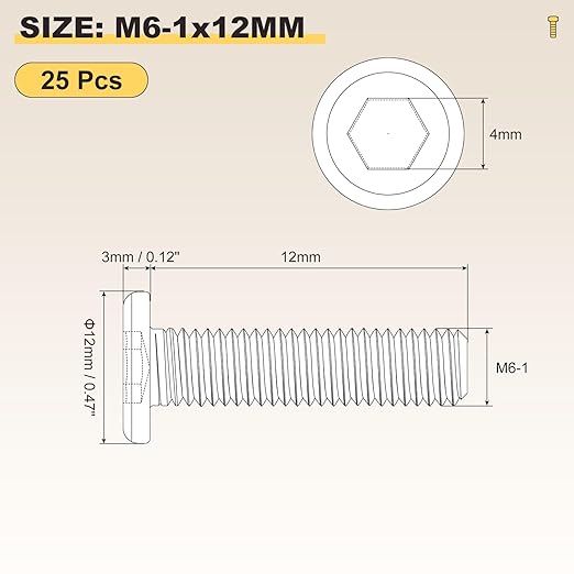 METALLIXITY Flat Head Hex Socket Cap Screws Bolts(M6-1x12) 25Pcs, Steel Hex Socket Furniture Bolts Screws - for Furniture Woodworking Project, Black