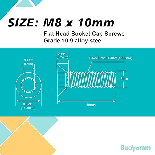 M8-1.25 x 10mm 25PCS Flat Head Hex Socket Cap Screws, Countersunk Bolts, 10.9 Grade Alloy Steel, Black Oxide Finish, Metric Allen Drive, Fully Threaded