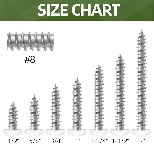 50 PCS #8 x 2 White Head Sheet Metal Screws, Pan Head Phillips Fast Self Tapping Screws, Round Head Wood Screws, Screwdriver Bit Included