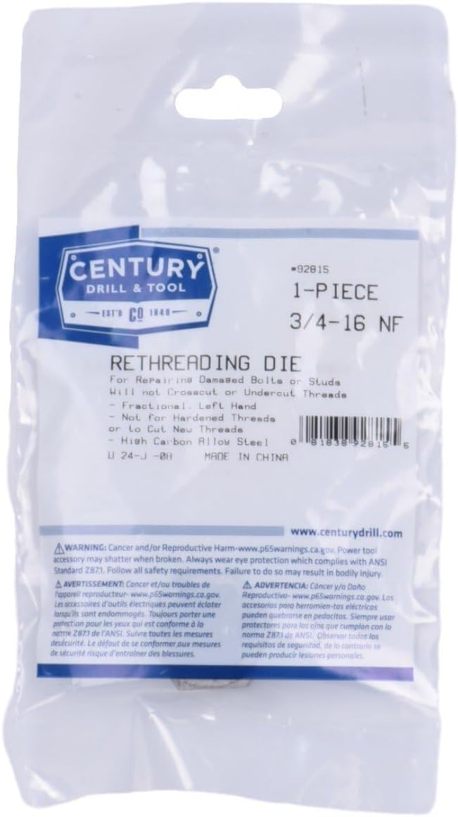 Century Drill & Tool, 92815, 3/4-16NF, Left Hand Rethreading Die, Tool Set, Fractional Thread Repair