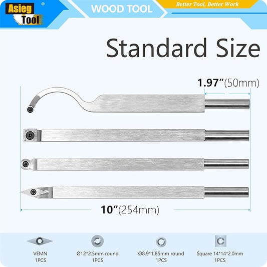 Carbide Tipped Woodturning Tools 7pcs Chise set Lathe Full Size Rougher Finisher Detailer Swan Neck Hollower Tools Set of 4 and 2 Interchangeable Wooden handle and 1 Dust shield