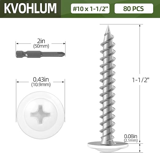 #10 x 1-1/2" (80 PCS) Modified Truss Head Wood Screws, Phillips Drive Quick Metal Self Tapping Screws, White Head, Full Thread, Screwdriver Bit Included
