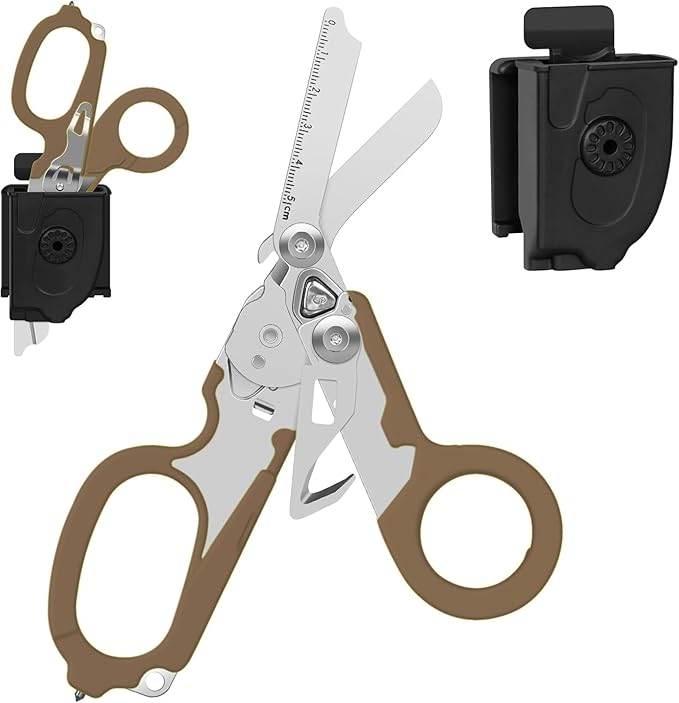 Heavy Duty 6-in-1 Emergency Trauma Shears with Carbide Glass Breaker & Ring Cutter Foldable Stainless Steel Multi-Purpose Scissors for First Responders, Hospital, Home, Camping, Travel Rescue (Tan)